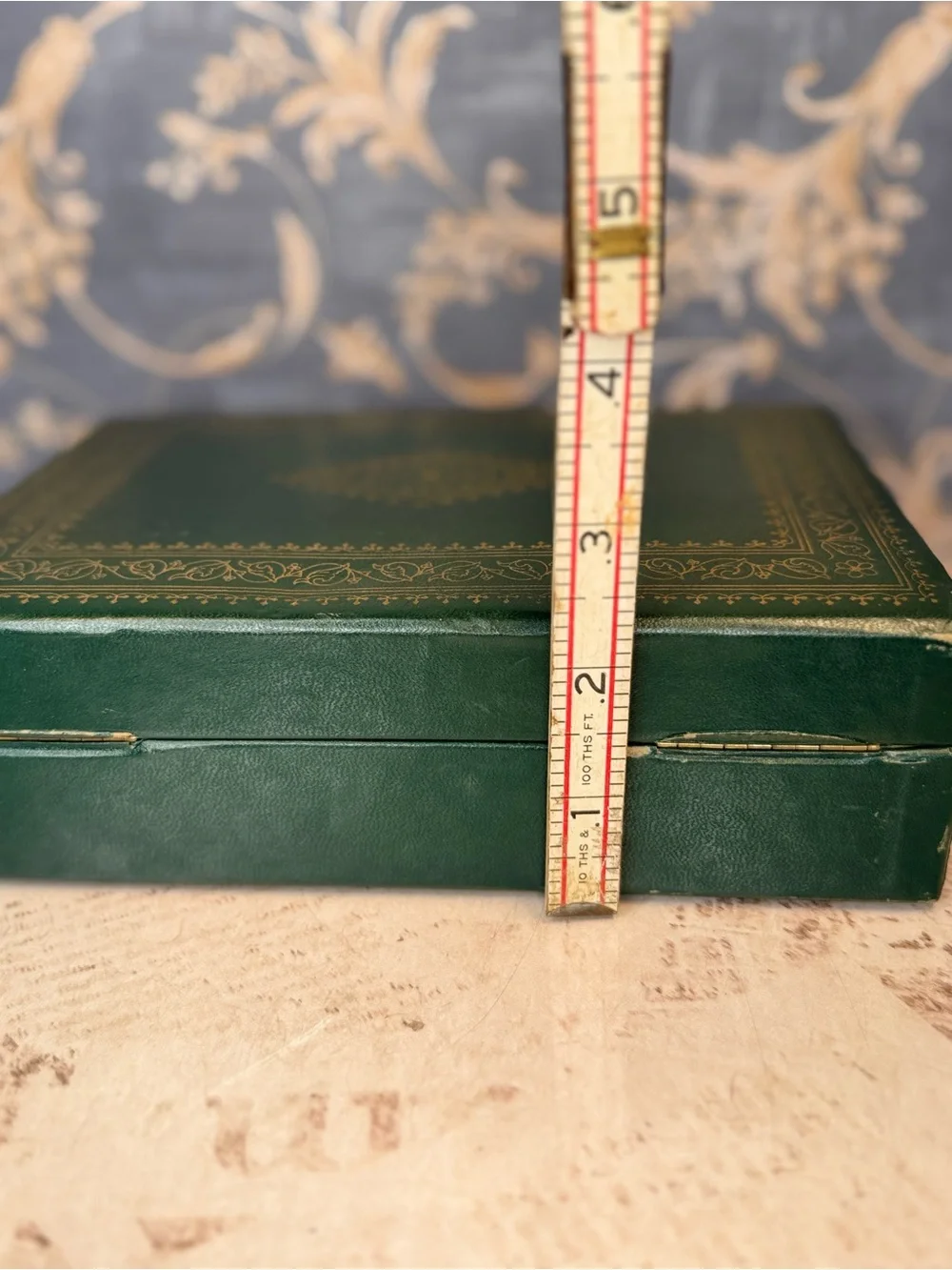 Vintage Green Faux Leather Jewelry Box Brass Lock Ring Tray Vanity Case